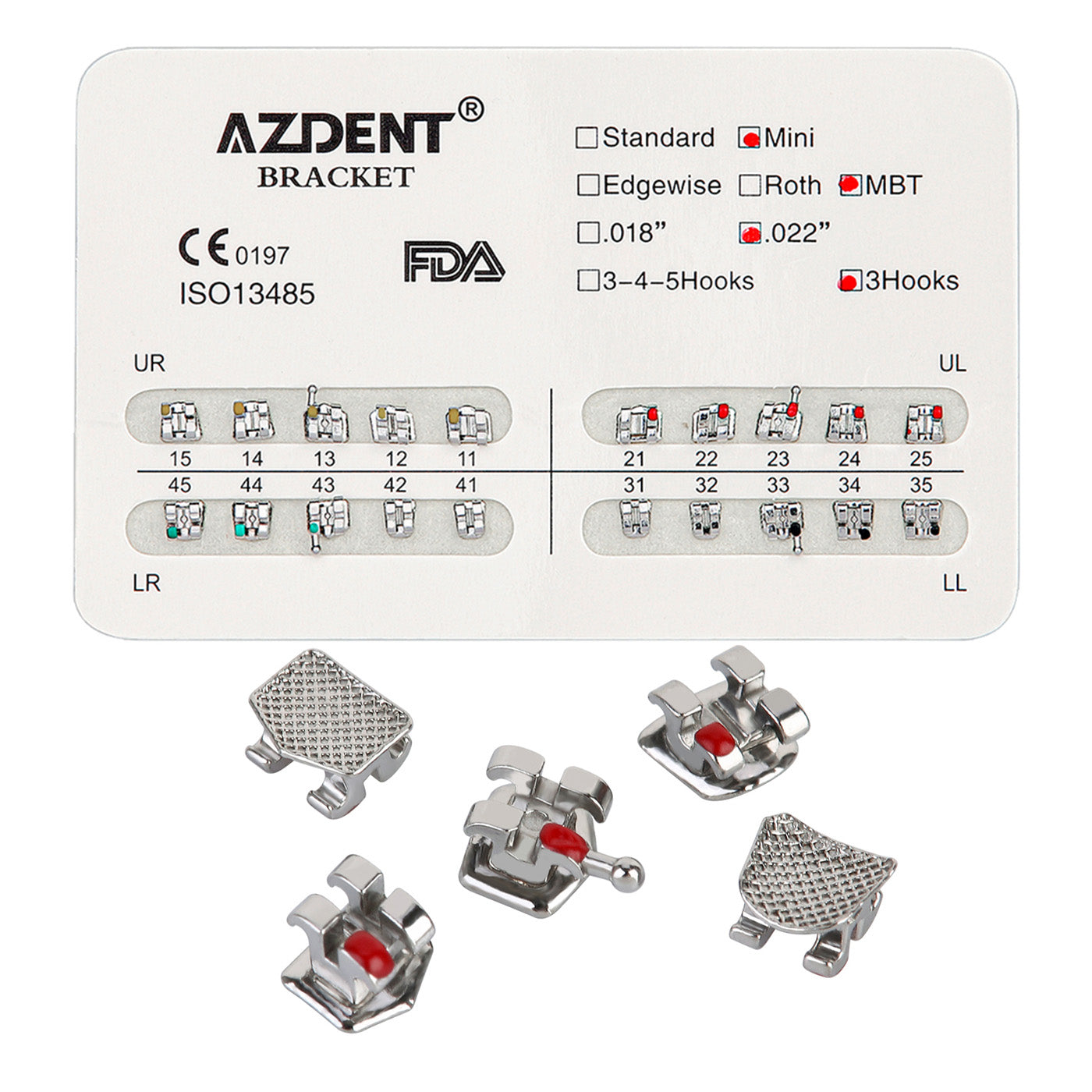 AZDENT Стоматологические металлические брекеты Mini MBT Slot .022 Крючки на 3 20 шт./упак.