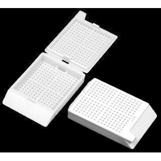 Кассеты для гистологии, полиоксиметилен, формованная крышка, мелкая сетка, белая