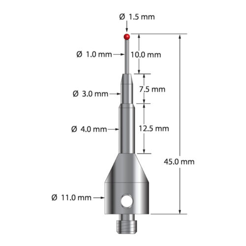 Q-Mark ASG-1545 M5 1,5 мм Рубиновый наконечник, Цилиндрический стилус, L 45,0 мм, EWL 10 мм