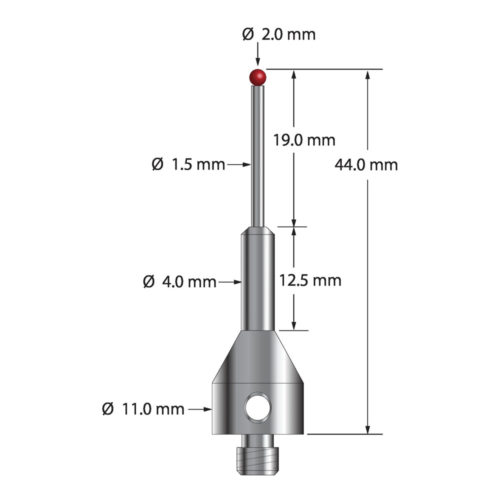 Q-Mark ARG-2044 M5 2 мм Рубиновый наконечник, Цилиндрический стилус, L 44,0 мм, EWL 19 мм