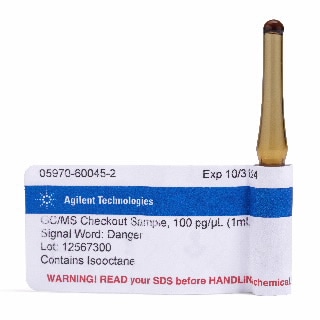 05970-60045- GC/MS checkout standard, for GC/MS, Contains 6 ampoules: 4 at 10 ng/µL, 1 at 100 pg/µL, and 1 at 100 ng/µL, each of dodecane biphenyl, p-chlorodiphenyl, and methyl palmitate in isooctane, 1 mL ampoules