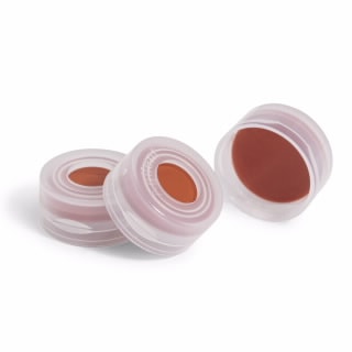 5182-0550- Cap, snap, clear, clear PTFE/red silicone septa, 100/pk. Cap size: 11 mm