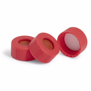 5182-0719- Cap, screw, red, PTFE/red silicone, 100/pk. Cap size: 12 mm