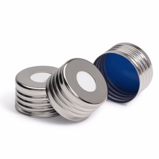 5188-2759- Screw cap, headspace, steel, magnetic cap, PTFE/silicone septa (top white, bottom blue), 18 mm, 100/pk. Cap size: 18 mm
