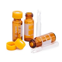 8010-0548- Комплект флаконов. В комплект входит флакон с завинчивающейся крышкой, 2 мл, 9 мм, янтарный, место для надписи, вставка на 300 мкл, коническая с ножками, оранжевая крышка, предварительно надрезанная мембрана из ПТФЭ/силикона, 100 шт./уп.