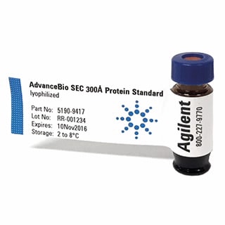 5190-9417- AdvanceBio SEC 300A Protein Standard. manufactured from a select group of proteins and peptides optimized to represent the widest range of molecular weights for optimal calibration and performance verification of your SEC columns.