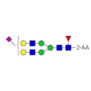 GKSA-315- AdvanceBio 2-AA G2FS1 α(2,6) / FA2G2S(6)1 Стандарт N-гликанов (ранее ProZyme). N-гликан (моносиалилированный, галактозилированный двухантенный, ядро замещено фукозой), меченный 2-аминобензойной кислотой (2-АК, также известной как антраниловая кислота), для использования в качестве качественного стандарта в таких приложениях, как жидкостная хроматография (ЖХ) . Альтернативные названия гликанов: G2FS1, FA2G2S1, F(6)A2G(4)2S(6)1, A1F.