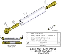 MSPA000268 — Ротор в сборе, тяжелая проба размером 3,2 мм, 11 мкл. Включает втулку ротора, приводной наконечник, нижнюю прокладку и крышку. Роторы для тяжелых образцов имеют усиленные стенки, что позволяет вращать образцы высокой плотности.