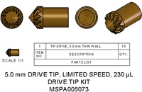 MSPA005073- Drive Tip Kit, 5.0 mm, 230 µL, high capacity, Contains 10 x vespel drive tips. High capacity rotors have thinner walls and restricted spinning speed.