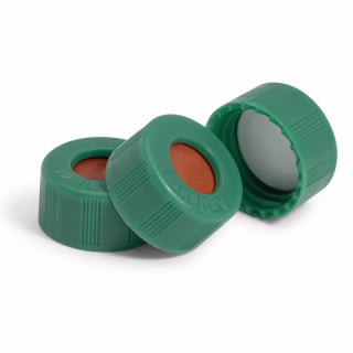 5182-0718- Cap, screw, green, PTFE/red silicone, 100/pk. Cap size: 12 mm