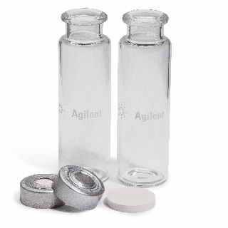 5182-0840- Vial kit, crimp top, headspace, clear, 20 mL, silver aluminum caps with safety feature, certified, flat bottom, molded PTFE/silicone septa, 100/pk. Vial size: 22.75 x 75 mm (20 mm cap)