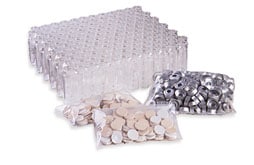 5182-0839- Vial kit, crimp top, headspace, clear, 20 mL, silver aluminum caps with safety feature, certified, flat bottom, molded PTFE/black butyl septa, 100/pk. Vial size: 22.75 x 75 mm (20 mm cap)