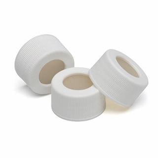 5183-4308- Cap, for storage vials, 24-414, white, open top, PTFE/silicone septa, 100/pk. Cap size: 24-414