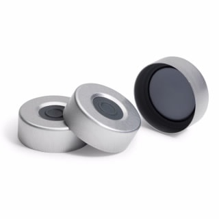 5183-4479- Cap, crimp, headspace, with septa, 20 mm, silver aluminum cap, certified, molded PTFE/butyl septa, 100/pk. Cap size: 20 mm