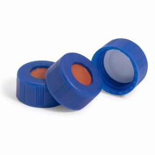 5190-7024- Screw cap, bonded, blue, PFTE/red silicone septa, 100/pk. Cap size: 12 mm