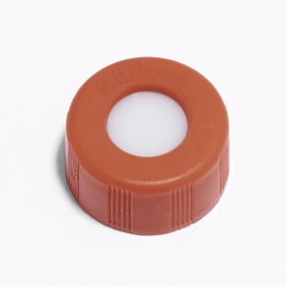 5190-7032- Red screw cap, bonded, preslit blue PTFE/white silicone septa, 100/pk . Cap size: 12 mm