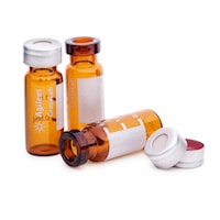 8010-0196- Crimp top vial kit, 2 mL, amber vials, silver aluminum caps, PTFE/silicone septa, 100/pk. Vial size: 12 x 32 mm (11 mm cap)