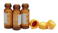 8010-0543- Agilent vial kit for Waters, includes screw top vial, 2 mL, 9 mm, amber, write-on spot, orange cap with preslit PTFE/silicone septa, similar to Waters 186000847C, 100/pk. Vial size: 12 x 32 mm (12 mm cap)