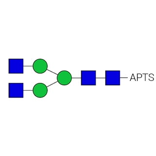 GKSP-301- AdvanceBio APTS G0 / A2 N-glycan standard (formerly ProZyme). N-glycan (asialo-, agalacto-, biantennary complex N-glycan) labeled with 8-aminopyrene-1,3,6-trisulfonate (APTS), for use as a qualitative standard in applications such as capillary electrophoresis (CE). Alternative glycan names: G0-F, A2, NGA2.