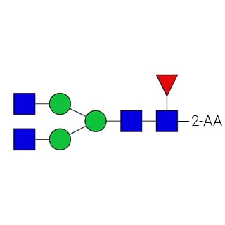 GKSA-302- AdvanceBio 2-AA G0F / FA2 N-glycan standard (formerly ProZyme). N-glycan (asialo, agalacto biantennary core-substituted with fucose) labeled with 2-aminobenzoic acid (2-AA, also known as anthranilic acid), for use as a qualitative standard in applications such as liquid chromatography (LC). Alternative glycan names: F(6)A2, NGA2F