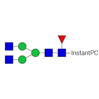 GKPC-302- AdvanceBio InstantPC G0F / FA2 N-glycan standard (formerly ProZyme). N-glycan (asialo-, agalacto-, biantennary complex N-glycan, core-substituted with fucose) labeled with InstantPC, for use as a qualitative standard in applications such as liquid chromatography (LC). Alternative glycan names: F(6)A2, NGA2F.
