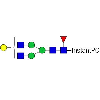 GKPC-316- AdvanceBio InstantPC G1F / FA2G1 N-glycan standard (formerly ProZyme). N-glycan (asialo-, monogalactosylated biantennary, core-substituted with fucose) labeled with InstantPC, for use as a qualitative standard in applications such as liquid chromatography (LC) and mass spectrometry (MS). Alternative glycan names: F(6)A2G(4)1, F(6)A2G1, NA2G1F.