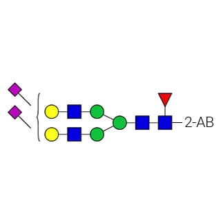 GKSB-313- AdvanceBio 2-AB G2FS2 α(2,6) / FA2G2S(6)2 N-glycan standard (formerly ProZyme). N-glycan (di-sialylated-, galactosylated biantennary, core-substituted with fucose) labeled with 2-aminobenzamide (2-AB), for use as a qualitative standard in applications such as liquid chromatography (LC). Alternative glycan names:FA2G2S2, F(6)A2G2S(6)2, A2F.