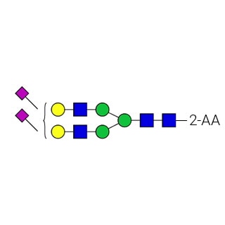 GKSA-312- AdvanceBio 2-AA G2S2 α(2,6) / A2G2S(6)2 N-glycan standard (formerly ProZyme). N-glycan (di-sialylated, galactosylated biantennary) labeled with 2-aminobenzoic acid (2-AA, also known as anthranilic acid), for use as a qualitative standard in applications such as liquid chromatography (LC). Alternative glycan names: G2S2, A2G2S2, A2G(4)2S(6)2, A2.