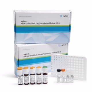 GX96-201PC- AdvanceBio Gly-X deglycosylation and InstantPC labeling module set, 96-ct (formerly ProZyme). Utilizes a novel in-solution enzymatic protein deglycosylation followed by rapid labeling of released N-glycans with InstantPC dye. With deglycosylation and labeling carried out in solution, the method is simple, rapid, and suitable for automation. The InstantPC dye delivers unmatched fluorescent brightness and MS signal, which enables a single labeling method to be deployed across different glycan analysis workflows. Includes GX96-100 Gly-X deglycosylation module,GX96-101 Gly-X InstantPC labeling module. For cleanup use GX96-102 Gly-X InstantPC cleanup module.
