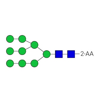 GKSA-107- AdvanceBio 2-AA Man9/M9 Стандарт N-гликанов (ранее ProZyme). N-гликан (олигоманноза 9), меченный 2-аминобензойной кислотой (2-АА), также известной как антраниловая кислота, для использования в качестве качественного стандарта в таких приложениях, как жидкостная хроматография (ЖХ).