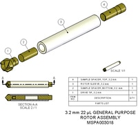 MSPA003018 — Ротор в сборе, 3,2 мм, 22 мкл, включает втулку ротора, приводной наконечник, нижнюю прокладку и крышку.