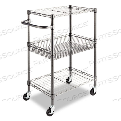 OEM#: ALESW342416BATHREE-TIER WIRE CART WITH BASKET, METAL, 2 SHELVES, 1 BIN, 500 LB CAPACITY, 28 X 16 X 39, BLACK ANTHRACITE by Alera