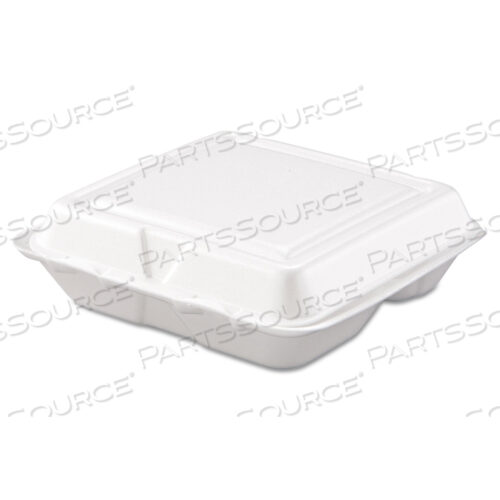 OEM#: 80HT3RFOAM HINGED LID CONTAINERS, 3-COMPARTMENT, 7.5 X 8 X 2.3, WHITE, 200/CARTON by Dart Container Corporation