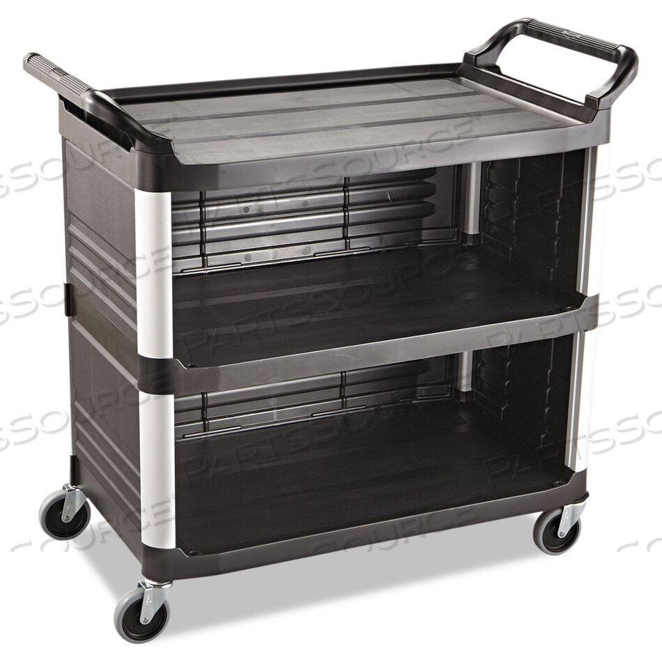 OEM#: FG409300BLAXTRA UTILITY CART WITH ENCLOSED BACK/END PANELS, PLASTIC, 3 SHELVES, 300 LB CAPACITY, 20 X 40.63 X 37.8, BLACK by Rubbermaid Medical Division