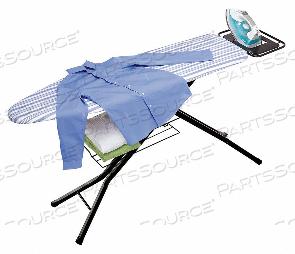 OEM#: BRD-019574 LEG IRONING BOARD W/IRON REST, PAD-WHITE/BLUE STRIPES BLACK BASE, PP PLASTIC/STEEL/FOAM/COTTON by Honey-Can-Do