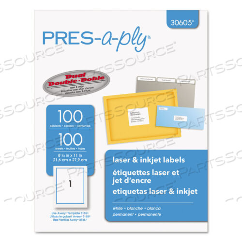 OEM#: 30605LABELS, LASER PRINTERS, 8.5 X 11, WHITE, 100/BOX by PRES-a-ply
