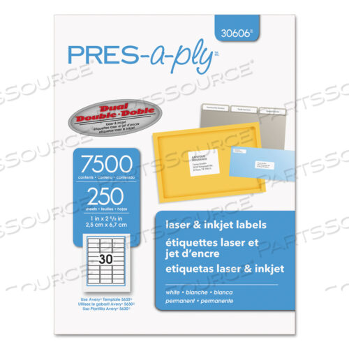 OEM#: 30606LABELS, LASER PRINTERS, 1 X 2.63, WHITE, 30/SHEET, 250 SHEETS/BOX by PRES-a-ply