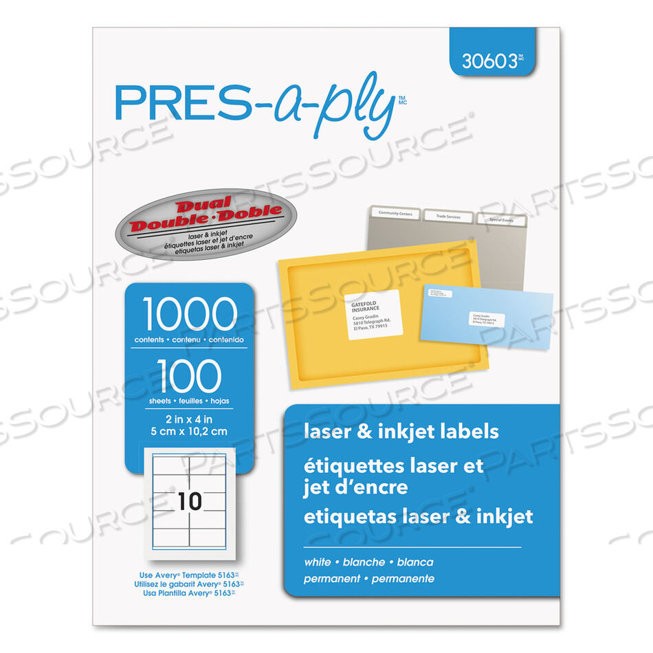 OEM#: 30603LABELS, LASER PRINTERS, 2 X 4, WHITE, 10/SHEET, 100 SHEETS/BOX by PRES-a-ply