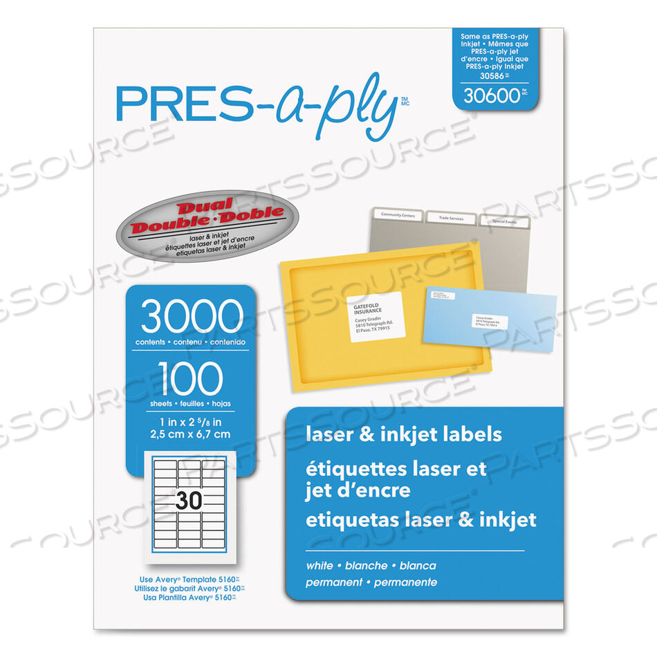 OEM#: 30600LABELS, LASER PRINTERS, 1 X 2.63, WHITE, 30/SHEET, 100 SHEETS/BOX by PRES-a-ply