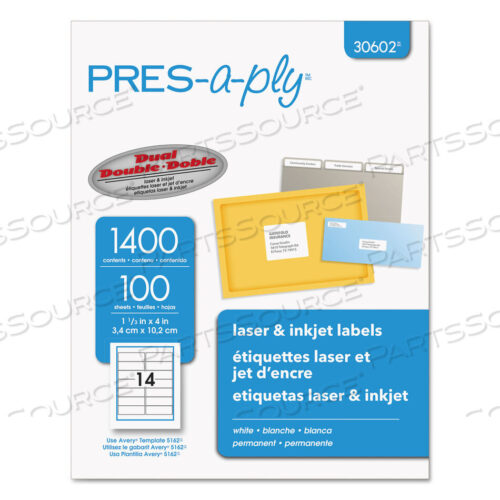 OEM#: 30602LABELS, LASER PRINTERS, 1.33 X 4, WHITE, 14/SHEET, 100 SHEETS/BOX by PRES-a-ply
