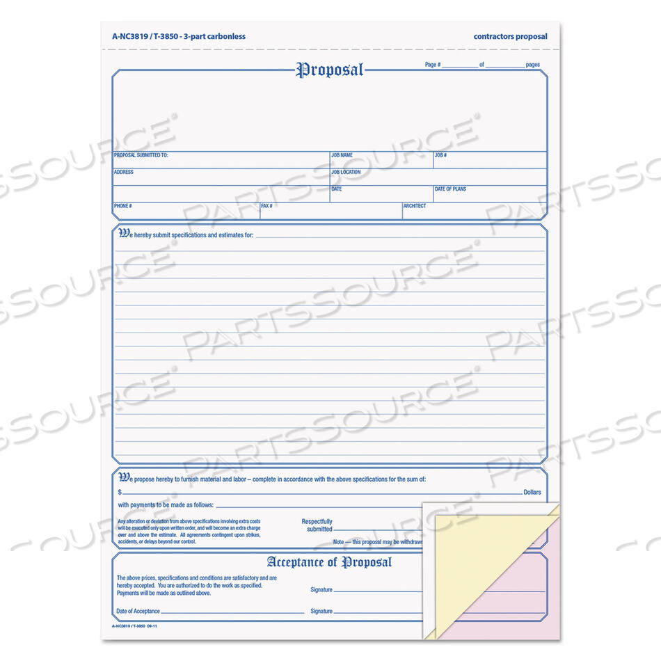 OEM#: 3850PROPOSAL FORM, THREE-PART CARBONLESS, 11 X 8.5, 50 FORMS TOTAL by Tops