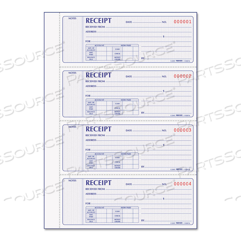 OEM#: 8L816RECEIPT BOOK, TWO-PART CARBONLESS, 7 X 2.75, 4 FORMS/SHEET, 400 FORMS TOTAL by Rediform