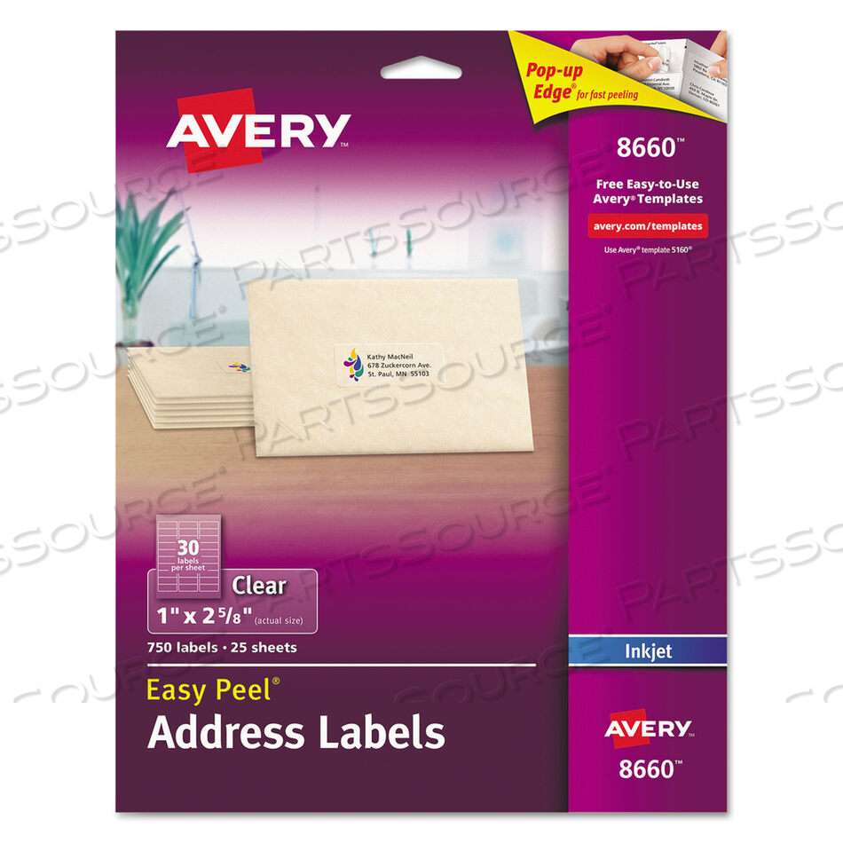OEM#: 8660MATTE CLEAR EASY PEEL MAILING LABELS W/ SURE FEED TECHNOLOGY, INKJET PRINTERS, 1 X 2.63, CLEAR, 30/SHEET, 25 SHEETS/PACK by Avery
