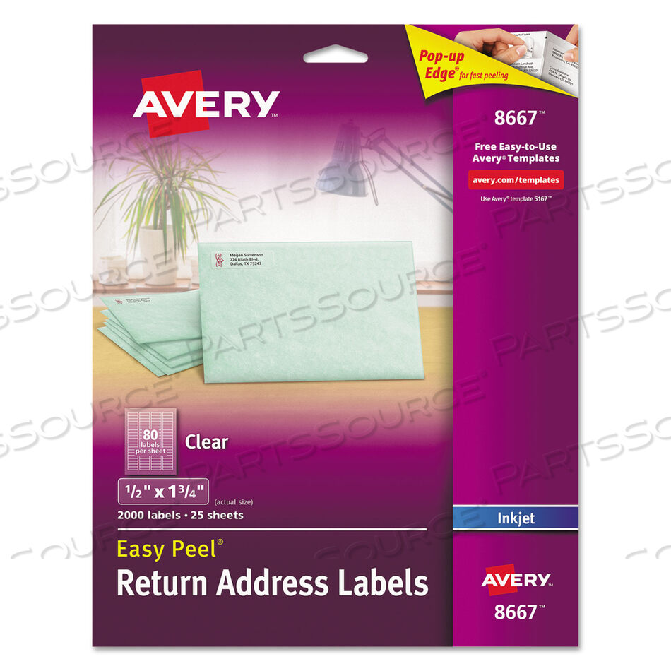 OEM#: 8667MATTE CLEAR EASY PEEL MAILING LABELS WITH SURE FEED TECHNOLOGY, INKJET PRINTERS, 0.5 X 1.75, CLEAR, 80/SHEET, 25 SHEETS/PACK by Avery