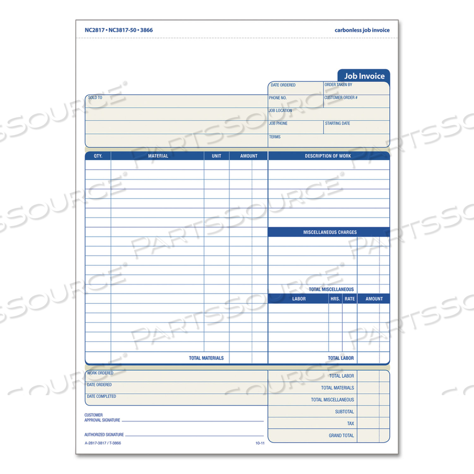 OEM#: 3866JOB INVOICE, SNAP-OFF TRIPLICATE FORM, THREE-PART CARBONLESS, 8.5 X 11.63, 50 FORMS TOTAL by Tops