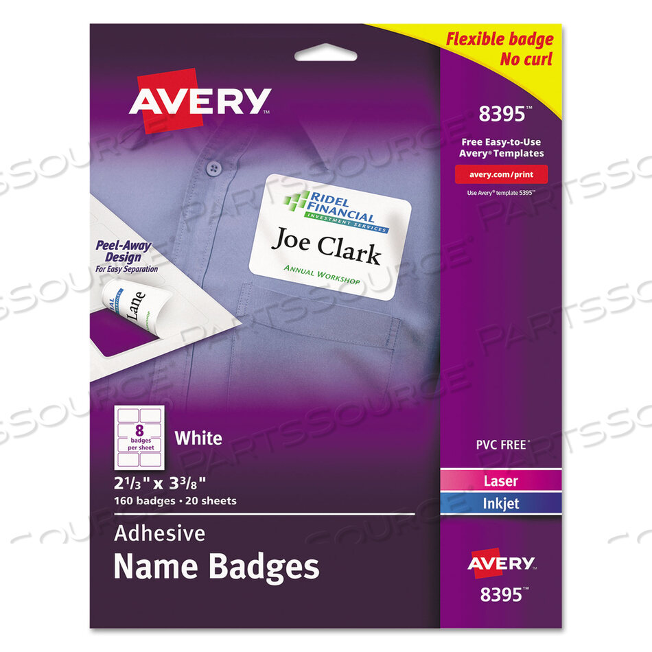 OEM#: 8395FLEXIBLE ADHESIVE NAME BADGE LABELS, 3.38 X 2.33, WHITE, 160/PACK by Avery