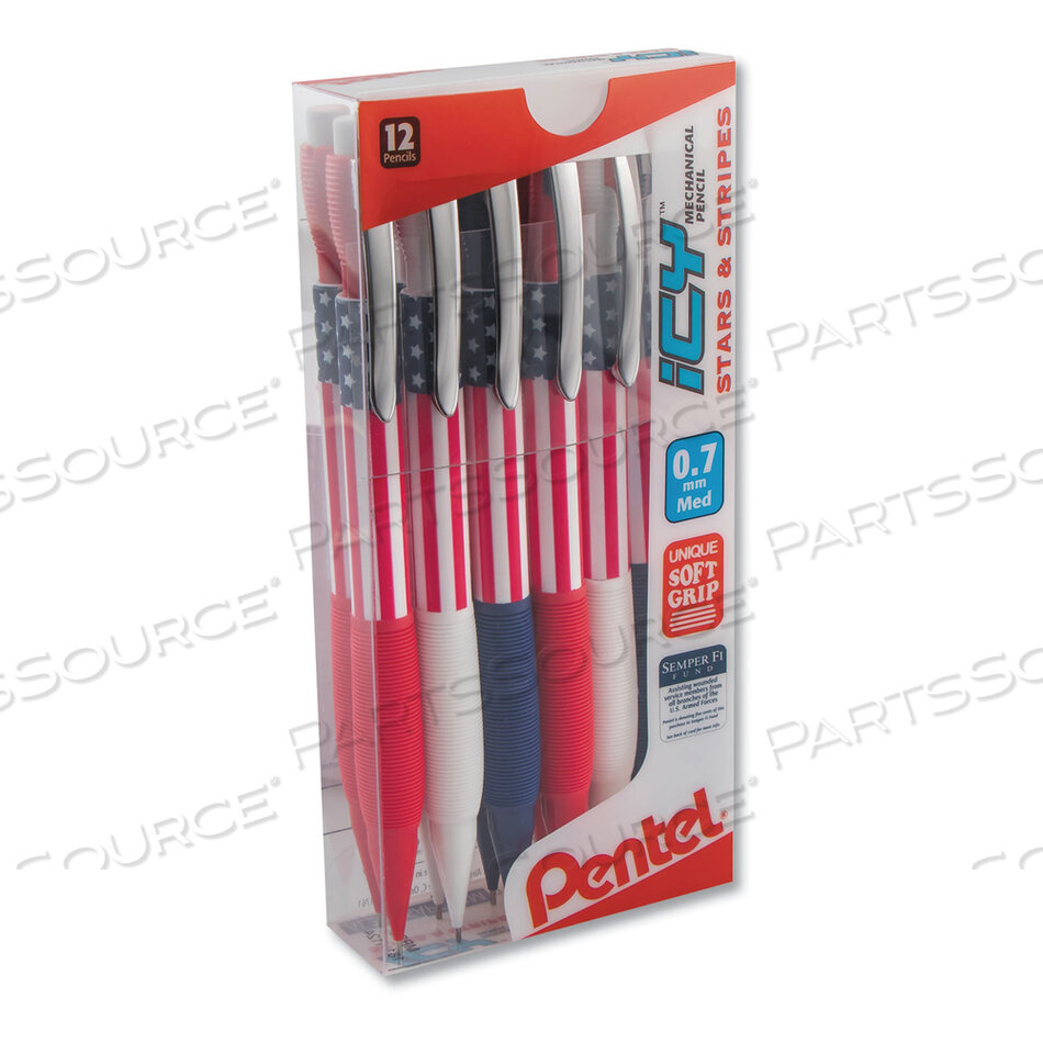 OEM#: AL27USAPC12MICY MECHANICAL PENCIL, 0.7 MM, HB (#2.5), BLACK LEAD, BLUE/RED/WHITE BARREL, DOZEN by Pentel of America