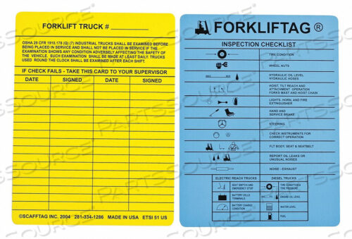 OEM#: FLT-ETSI51FORKLIFTAG INSPECTION TAG, 2 SIDED, 100/PK, 7-5/8 W X 5-3/4H, BLU/YLW by Brady Americas