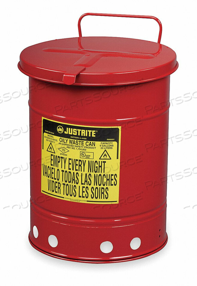 OEM#: 0911009110 JUSTRITE OILY WASTE CAN, 6 GAL, HAND-OPERATED COVER, RED by Justrite