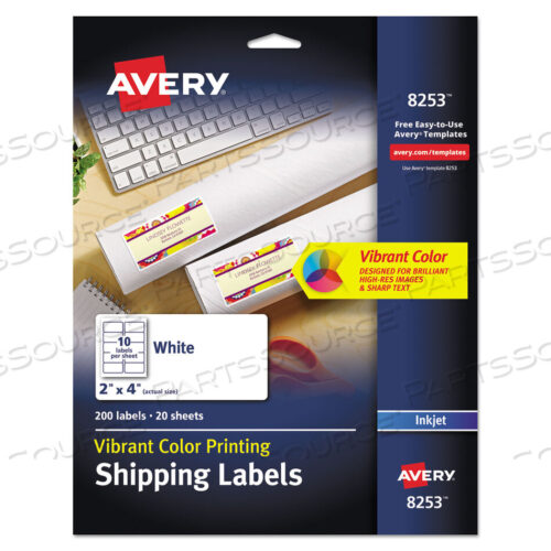 OEM#: 8253VIBRANT INKJET COLOR-PRINT LABELS W/ SURE FEED, 2 X 4, MATTE WHITE, 200/PK by Avery